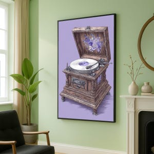 Quadro su tela con giradischi vintage, illustrazione di grammofono retrò, decorazione floreale, decorazione per la casa per gli amanti della musica, arte classica in vinile