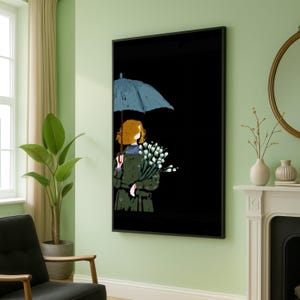Woman with Blue Umbrella and White Flowers, Modern Minimalist Canvas Wall Art, Floral and Fashion Illustration, Stylish Home Decor, Ready to