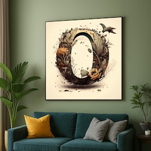 Tela con lettera O della natura, decorazione murale con alfabeto botanico, design floreale e fogliare, arredamento rustico per la casa, tela con tipografia unica