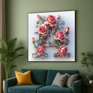 Arte de parede em tela com letra A floral, design do alfabeto com rosas cor-de-rosa, impressão de monograma botânico, decoração inicial elegante para casa, arte pronta para pendurar