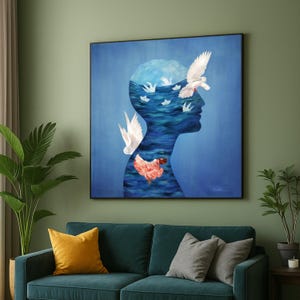 Quadro su tela con silhouette di testa di oceano surreale, barchette di carta e colombe bianche, quadro su tela astratto da sogno, arredamento per la casa ispiratore