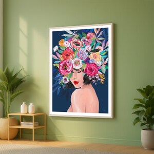 Elegante Frau Porträt Leinwand, Blumenkrone Wandkunst, bunte Blume Kopfstück Leinwand, moderne weibliche Kunst, Innendekoration Leinwand