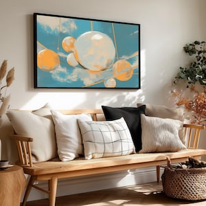 Quadro su tela con sfere orbitali moderne astratte, design contemporaneo a forma di globo da appendere, decorazione geometrica blu e arancione, pronto da appendere a casa.