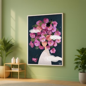 Donna floreale astratta su tela, decorazione murale con viole del pensiero rosa, illustrazione di gatto nero, natura surreale su tela, opera d'arte decorativa moderna
