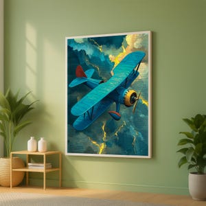 Tela vintage raffigurante un biplano blu, decorazione murale con aeroplano retrò, decorazione aeronautica, illustrazione di cielo tempestoso, tela artistica con immagini di viaggi e avventure, arredamento per la casa