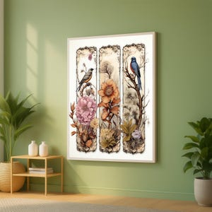 Vintage Botanical Birds Canvas Wall Art Set, Floral Nature Prints, Rustic Home Decor, Wildflower and Songbird Canvas, Ready to Hang Panels