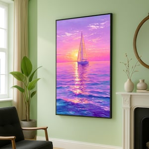 Quadro su tela con barca a vela al tramonto, paesaggio marino, cielo viola e rosa, arredamento nautico, dipinto di un sereno paesaggio marino, pronto da appendere