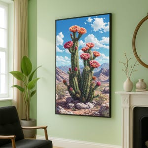 Blooming Cactus Canvas Wall Art, Desert Landscape Painting, Southwestern Floral Home Decor, Vibrant Succulent Flowers, Nature Canvas Print