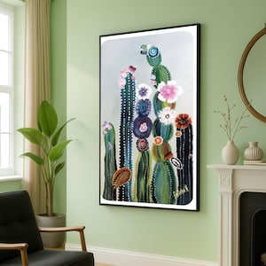 Tela con cactus in fiore colorato, decorazione murale floreale del deserto, dipinto di succulente vibranti, decorazione botanica per la casa, tela pronta da appendere