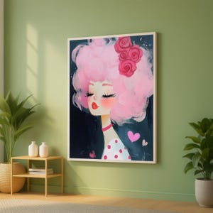 Lienzo de chica de cabello rosa caprichoso, lindo retrato de pared, lienzo decorativo femenino, obra de arte moderna para dormitorio, pintura lista para colgar