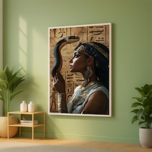 Ancient Egyptian Queen with Cobra, Regal Woman Canvas Wall Art, Pharaoh Jewelry Decor, Egyptian History Canvas, Historical Portrait