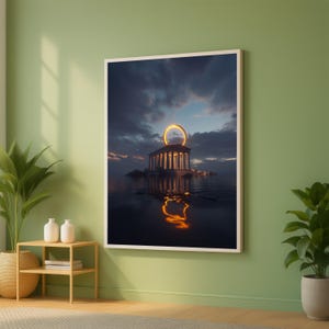 Tempio greco antico con alone luminoso, tela con cielo notturno mistico, decorazione murale con rovine illuminate, decorazione con riflessi surreali sull'oceano