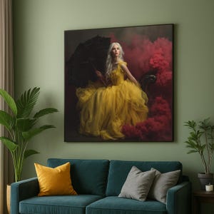 Elegante donna in abito giallo su tela, ritratto in stile vittoriano, fotografia di moda artistica, decorazione d'interni su tela