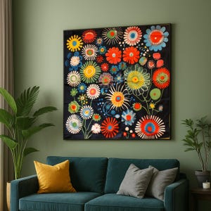 Vibrant Retro Floral Burst Canvas Wall Art, Colorful Abstract Flower Design, Modern Home Décor, Ready to Hang Canvas Decoration