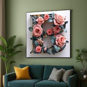 Arte de parede em tela com letra B floral, rosas cor-de-rosa e folhas azuis, tela com inicial botânica, decoração elegante de casa com alfabeto, arte pronta para pendurar