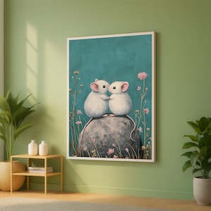 Adorabili topolini bianchi su tela di roccia, simpatica decorazione murale con animali, illustrazione romantica della natura, decorazione su tela con giardino floreale, arte stravagante per la casa