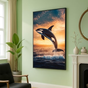 Stampa su tela con maestosa orca e balena che salta, stampa murale con tramonto sull'oceano, stampa su tela con vita marina, decorazione per la casa costiera, stampa su tela con fauna selvatica