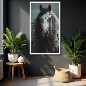 Quadro su tela raffigurante un maestoso cavallo Appaloosa, ritratto di cavallo selvaggio, arte di animali dagli occhi azzurri, decorazione rustica e naturale, decorazione equestre per la casa.