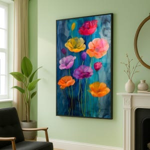 Vibrant Floral Canvas, Colorful Poppies Wall Art, Modern Flower Painting, Bright Botanical Decor, Ready to Hang Canvas Art