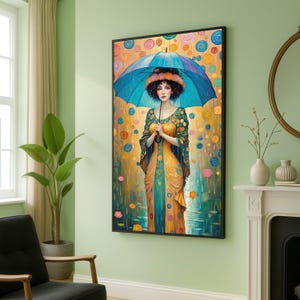 Elegant Woman with Blue Umbrella Canvas, Colorful Raindrop Abstract Art, Modern Portrait Wall Art, Decorative Home Canvas Painting