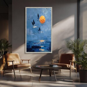 Tramonto tranquillo in tela, uccelli in volo, paesaggio con cielo azzurro, dipinto moderno della natura, scena costiera su tela, arredamento per la casa