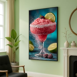 Frozen Raspberry Margarita Canvas Wall Art, Vibrant Cocktail Drink Print, Lime and Berry Decor, Refreshing Beverage Canvas, Kitchen Bar Wall