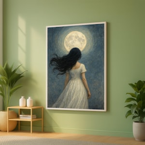 Quadro su tela "Incantevole notte di luna", dipinto di donna in abito bianco, decorazione murale mistica con luna piena, dipinto su tela con paesaggio notturno da sogno, decorazione eterea per la casa