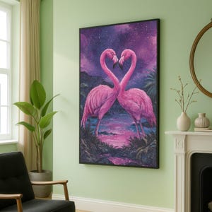 Coppia di fenicotteri romantici su tela, uccelli con collo a forma di cuore, decorazione da parete con fauna selvatica tropicale, illustrazione della natura in rosa, tela pronta da appendere