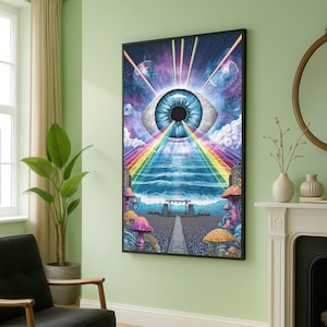 Occhio cosmico con raggi di luce arcobaleno, tela psichedelica con vista sull'oceano, paesaggio spaziale surreale, arte visionaria astratta, pronta da appendere