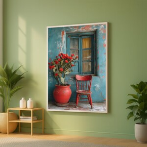 Tela rustica con cactus rosso in fiore, decorazione da parete con finestra blu vintage, decorazione da sedia rossa anticata, tela per casa in stile sud-occidentale, scena di patio accogliente
