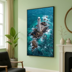 Quadro su tela con faro costiero, decorazione con vista sull'oceano, paesaggio nautico sul mare, quadro marino, decorazione per casa al mare