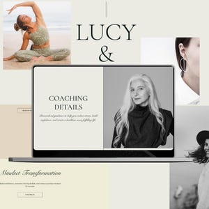 May include: A website design with the name "LUCY &" in large black text. The design includes images of a woman doing yoga, a woman with long white hair, and a laptop screen displaying "COACHING DETAILS". The text on the screen describes personalized guidance.