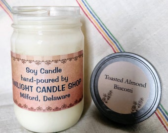 soy candle in 12 ounce mason jar, hand poured by Twilight Candle Shop in MIlford, Delaware