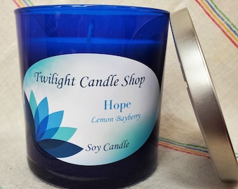 ON SALE:  Twilight royal blue soy candles with messages of Comfort, Hope, Joy, and Peace