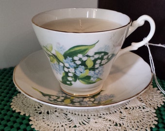 ON SALE:  teacup soy candle, peppermint scent, by Twilight Candle Shop, Royal Stuart fine bone china