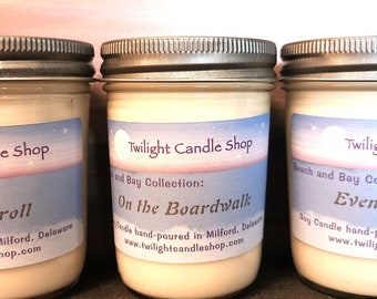 Delaware Beach and Bay Collection soy candles, 8 ounce mason jars