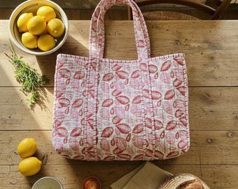 Block Printed Cotton Quilted Tote Bag | Handmade Everyday Shoulder Bag
