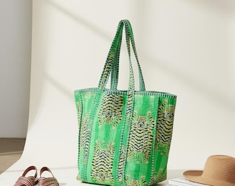 Hand Printed Cotton Quilted Tote Bag | Handmade Everyday Shoulder Bag