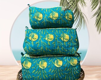 Block Printed Toiletry Bag Set: Cotton Cosmetic Travel Pouches