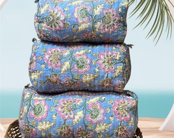 Set of 3 Block Printed Quilted Cosmetic Bags: Cotton Travel Organizer