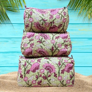 Set gewatteerde toilettassen met blokprint: katoenen reisopberger voor toilettas