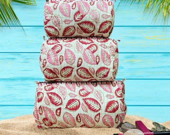 Block Printed Toiletry Bag Set: Cotton Cosmetic Travel Pouches