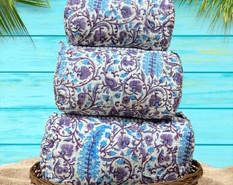 Block Printed Toiletry Bag Set: Cotton Cosmetic Travel Pouches