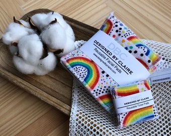 Reusable makeup remover pads, Reusable cotton rounds, Zero waste , Eco-friendly,  Makeup remover pads, Rainbows and Dots , 5 pack