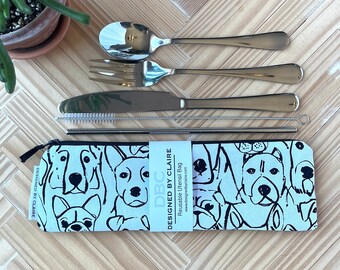 Zero waste reusable utensil set, eco friendly stainless steel, a great way to say no to single use plastic, Black and White Dogs, Dog Lovers