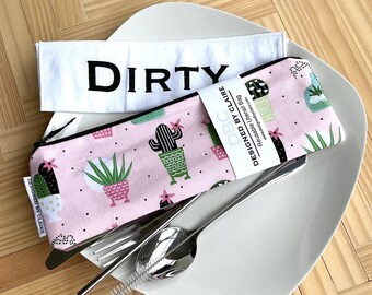 Zero waste reusable utensil set, eco friendly stainless steel set, great way to say no to single use plastic, Pink with potted plants