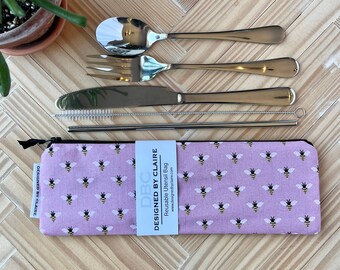 Zero waste reusable utensil set, eco friendly stainless steel set, a great way to say no to single use plastic, Pink Mini Bees