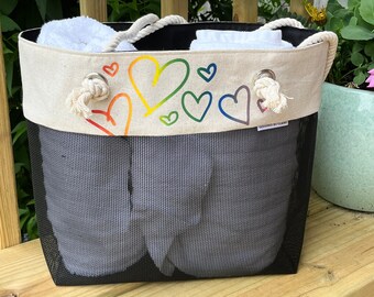 Rainbow Love Large Beach Bag tote, Pride month, Love is Love, Mesh Bottom, Market Bag, Beige