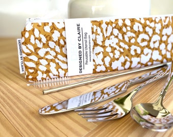 Zero waste reusable utensil set, eco friendly stainless steel set, a great way to say no to single use plastic, Mustard Leopard
