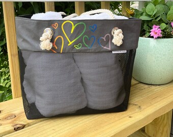 Rainbow Love Large Beach Bag tote, Pride month, Love is Love, Mesh Bottom, Market Bag, Gray